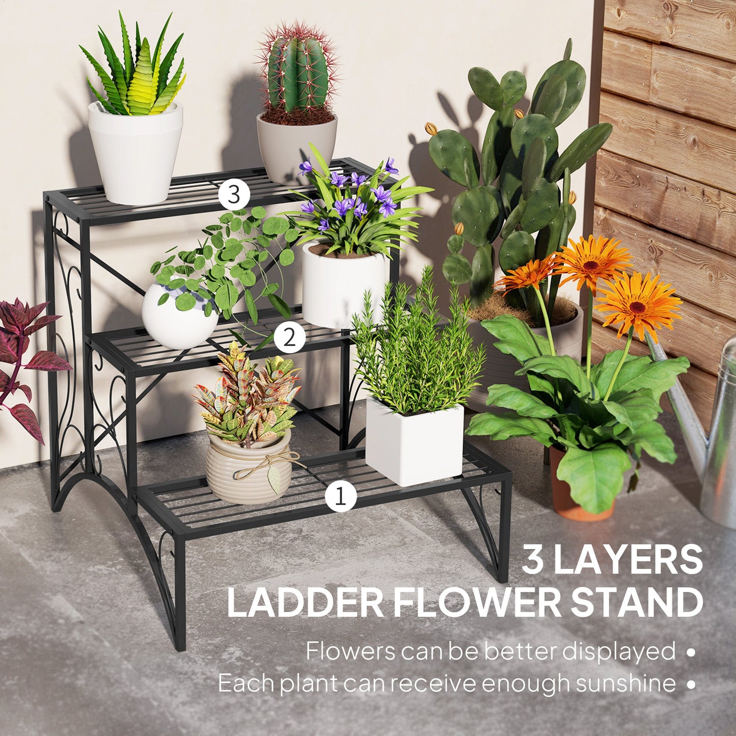 Outsunny 3 - Tier Metal Plant Stand for Garden Balcony Indoor Outdoor, Black - plants - express.com