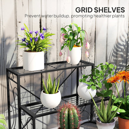 Outsunny 3 - Tier Metal Plant Stand for Garden Balcony Indoor Outdoor, Black - plants - express.com
