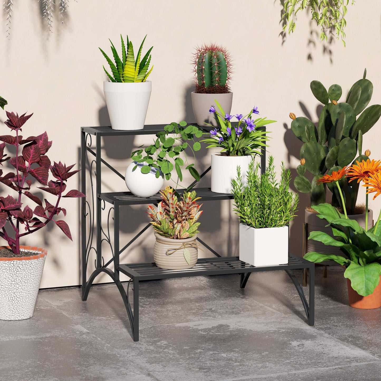 Outsunny 3 - Tier Metal Plant Stand for Garden Balcony Indoor Outdoor, Black - plants - express.com