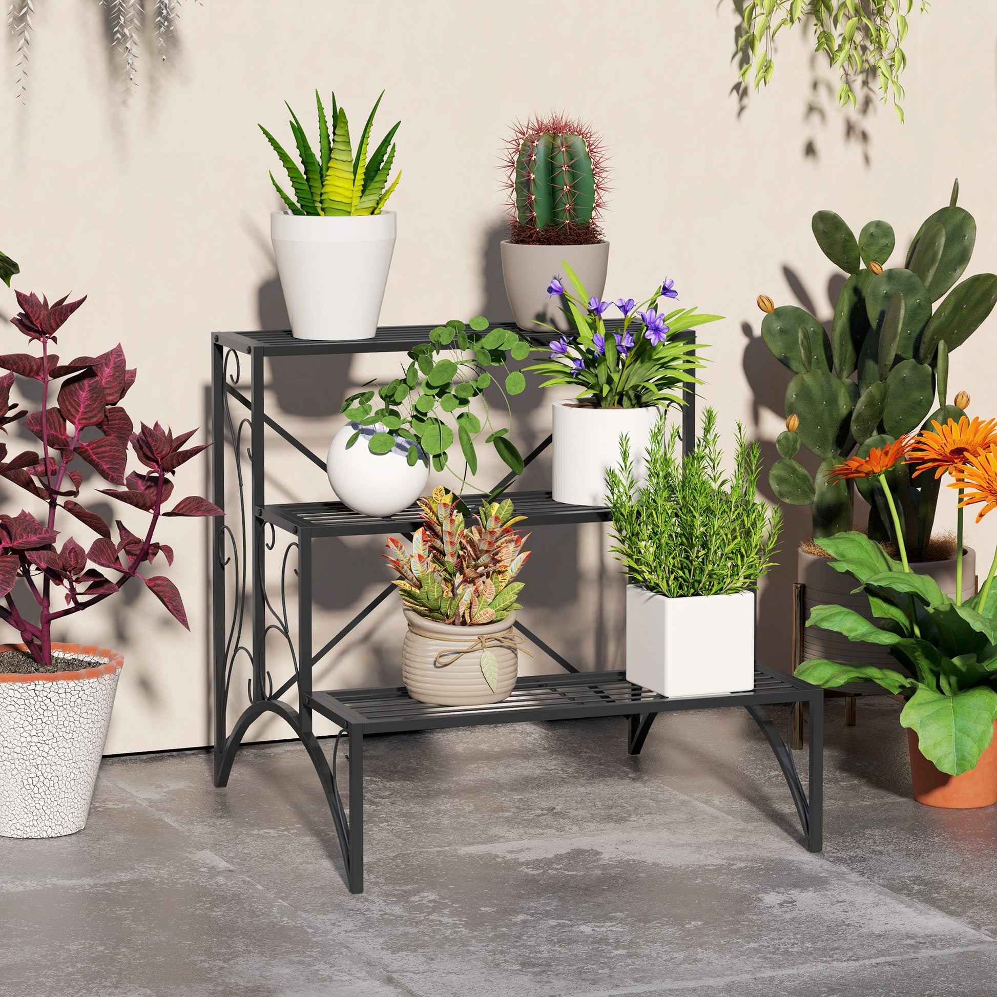 Outsunny 3 - Tier Metal Plant Stand for Garden Balcony Indoor Outdoor, Black - plants - express.com