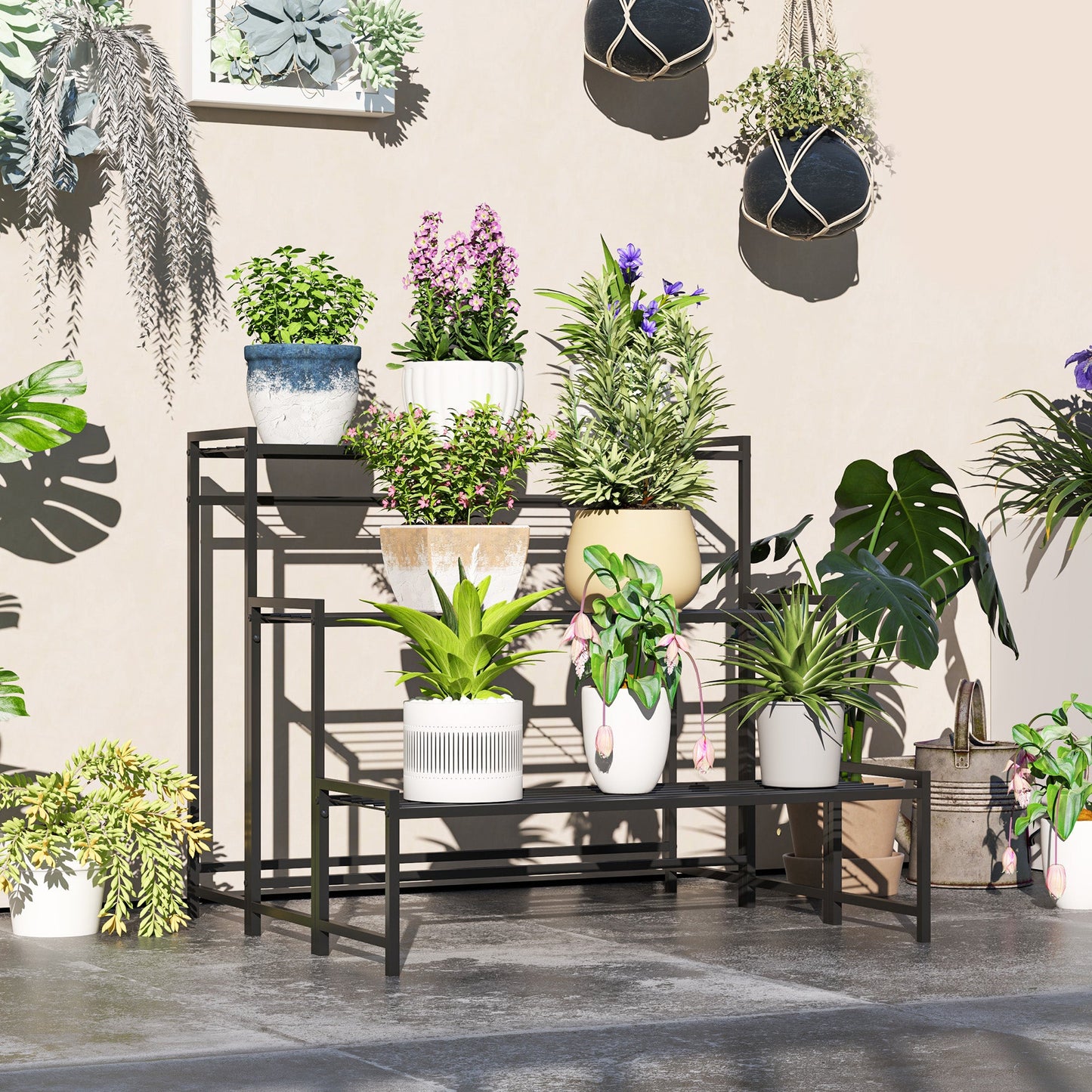 Outsunny 3 - Tier Metal Plant Stand, Modern Ladder Shelf for Garden, Black - plants - express.com
