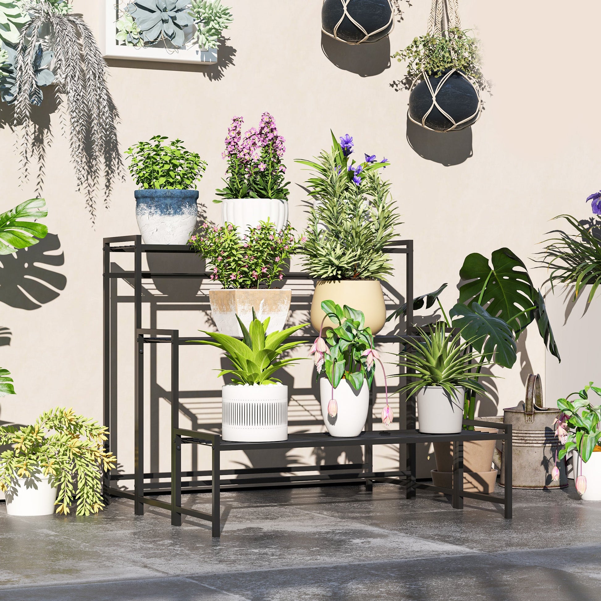 Outsunny 3 - Tier Metal Plant Stand, Modern Ladder Shelf for Garden, Black - plants - express.com