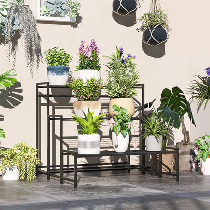 Outsunny 3 - Tier Metal Plant Stand, Modern Ladder Shelf for Garden, Black - plants - express.com