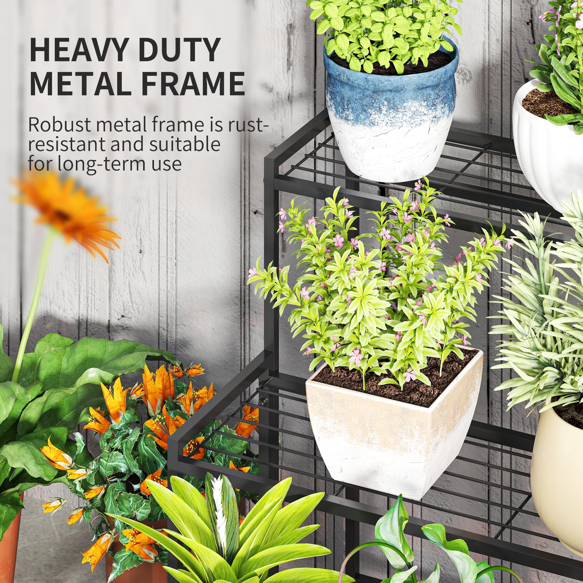 Outsunny 3 - Tier Metal Plant Stand, Modern Ladder Shelf for Garden, Black - plants - express.com