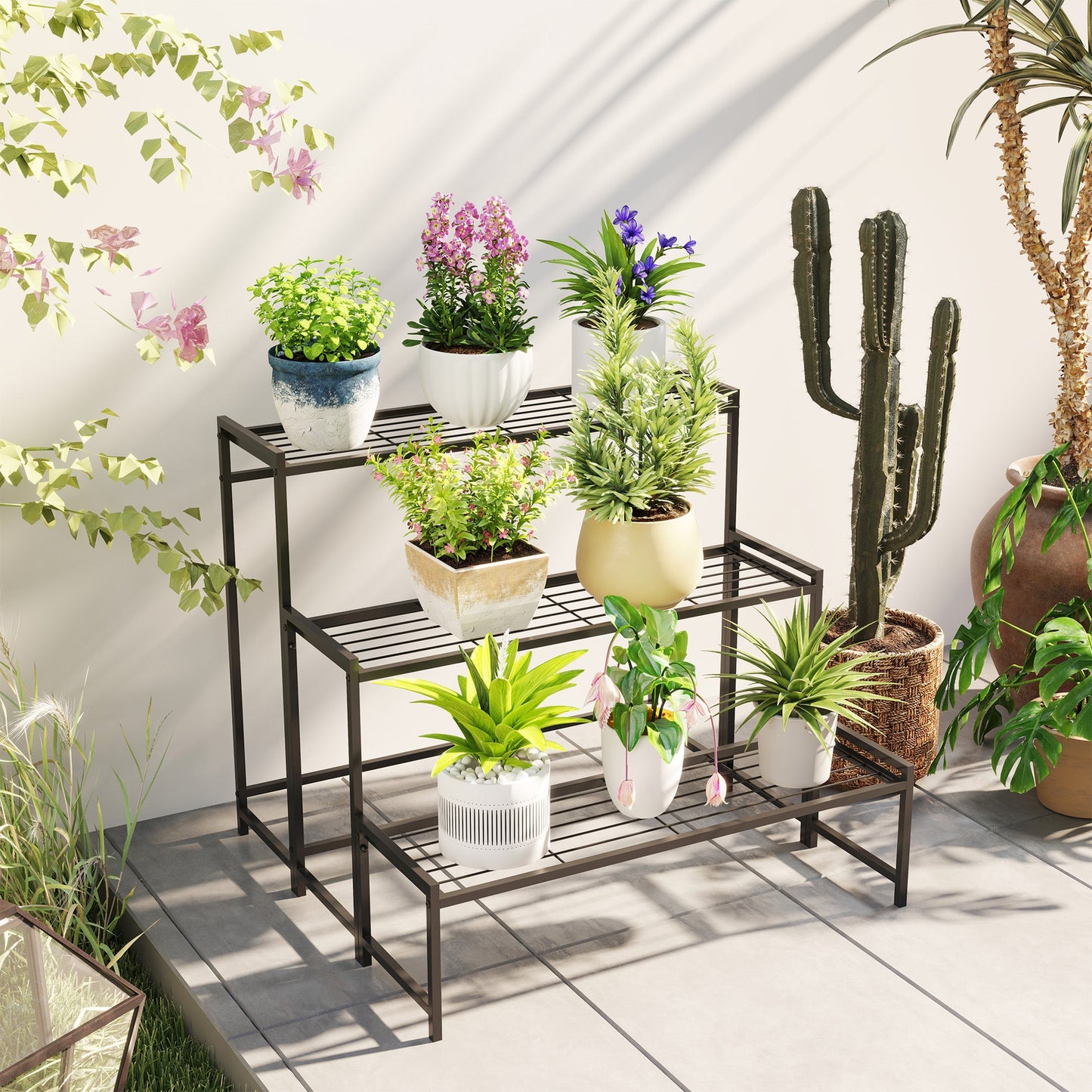 Outsunny 3 - Tier Metal Plant Stand, Modern Ladder Shelf for Garden, Black - plants - express.com