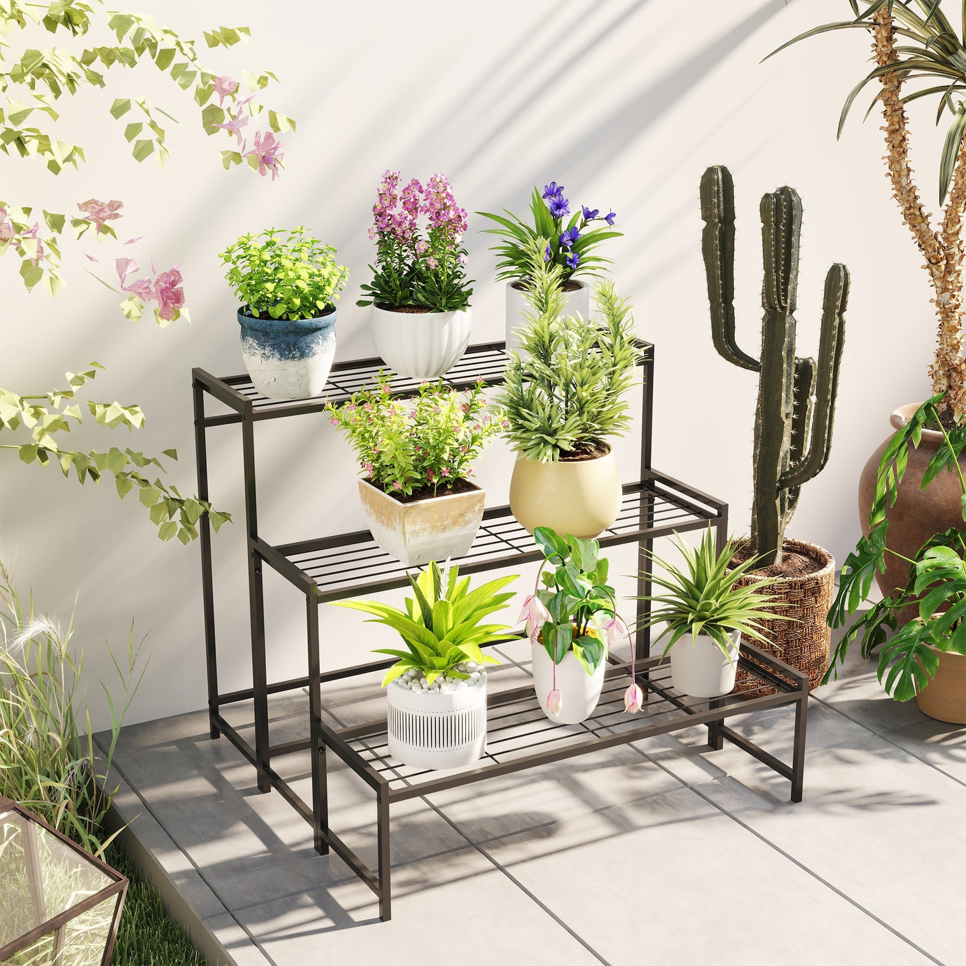 Outsunny 3 - Tier Metal Plant Stand, Modern Ladder Shelf for Garden, Black - plants - express.com
