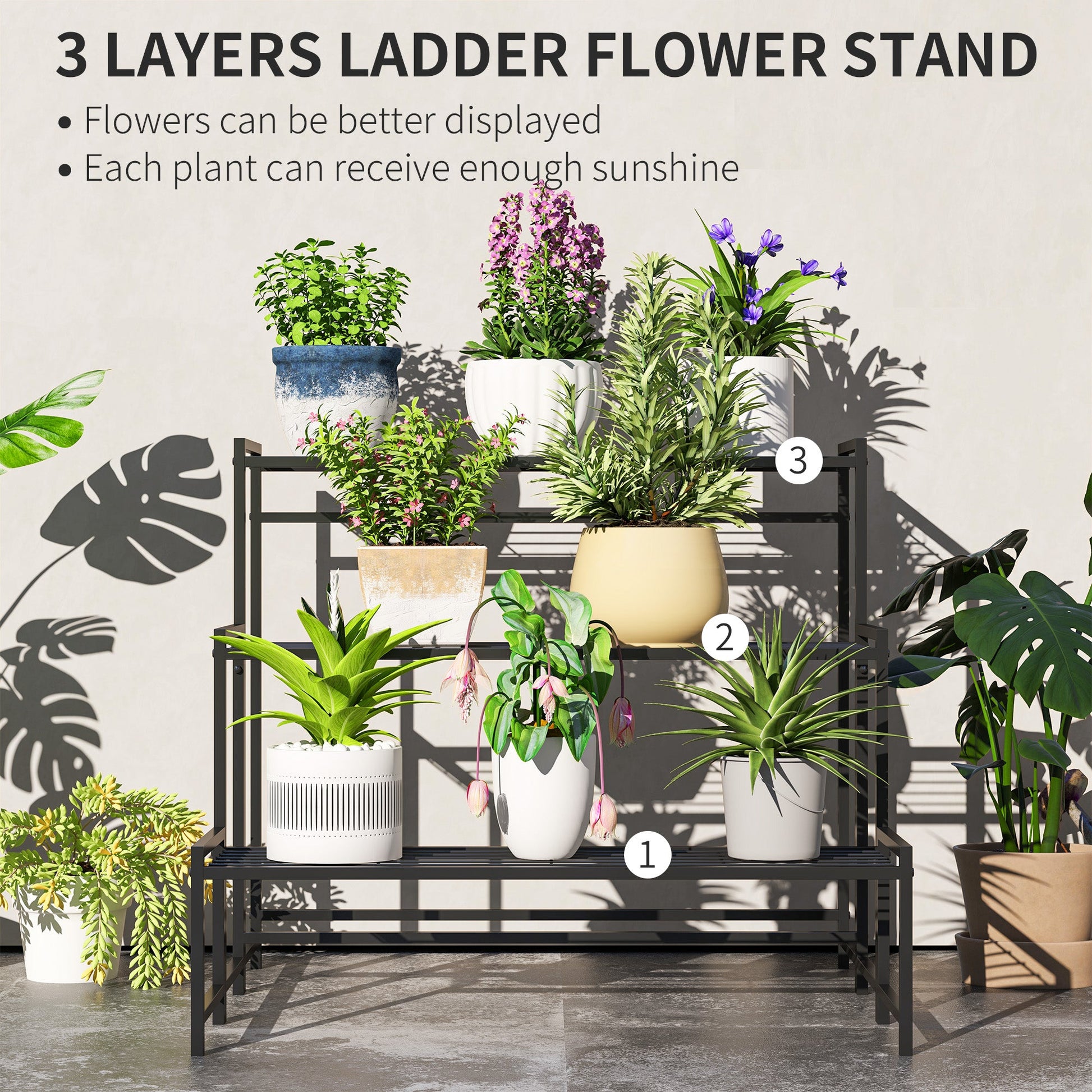 Outsunny 3 - Tier Metal Plant Stand, Modern Ladder Shelf for Garden, Black - plants - express.com