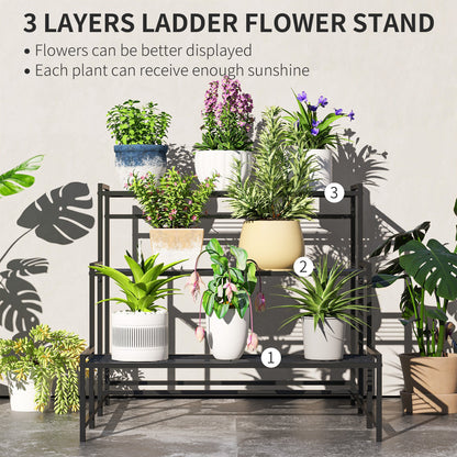 Outsunny 3 - Tier Metal Plant Stand, Modern Ladder Shelf for Garden, Black - plants - express.com