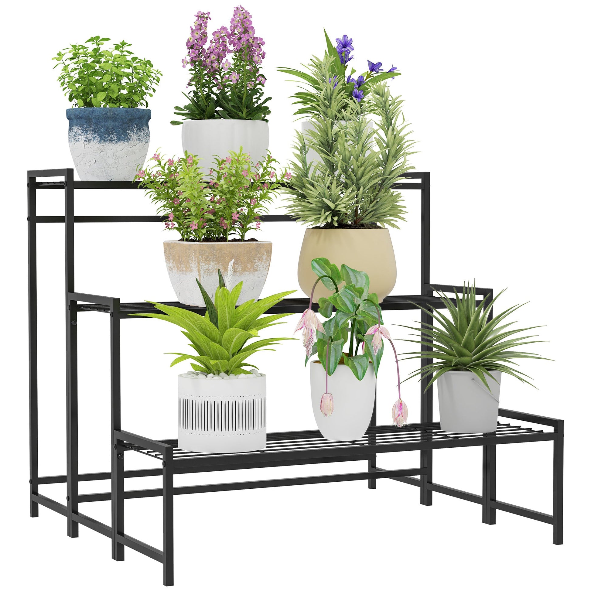 Outsunny 3 - Tier Metal Plant Stand, Modern Ladder Shelf for Garden, Black - plants - express.com