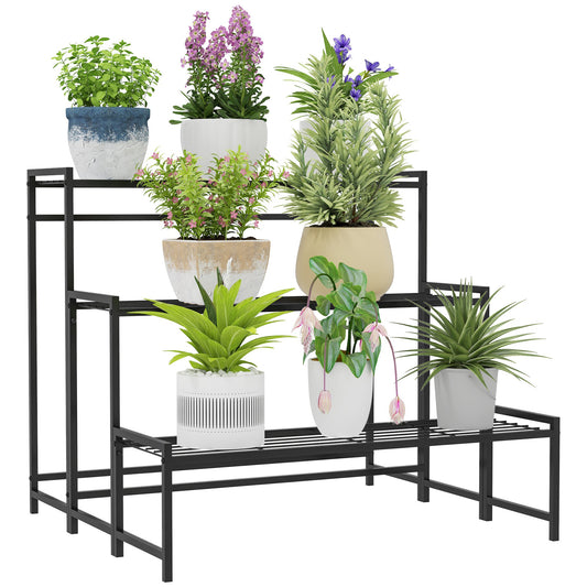 Outsunny 3 - Tier Metal Plant Stand, Modern Ladder Shelf for Garden, Black - plants - express.com
