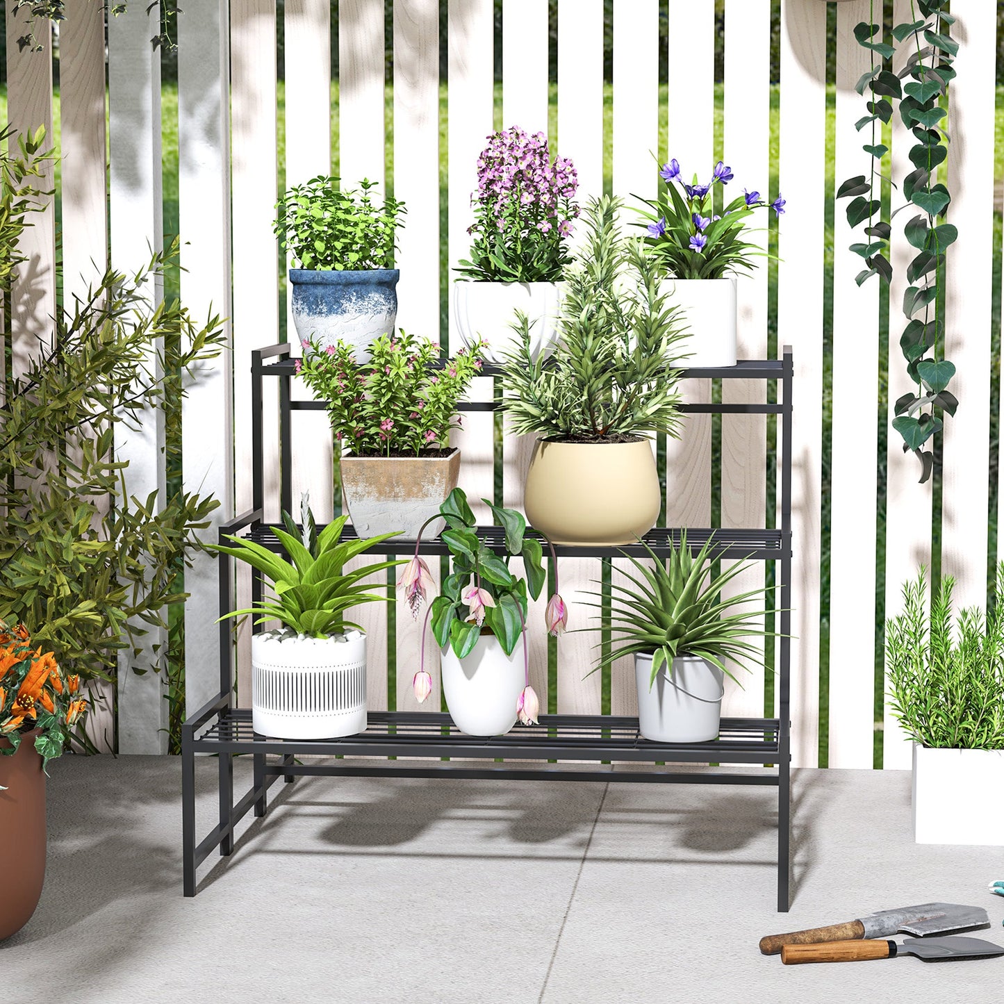 Outsunny 3 - Tier Metal Plant Stand, Modern Ladder Shelf for Garden, Black - plants - express.com