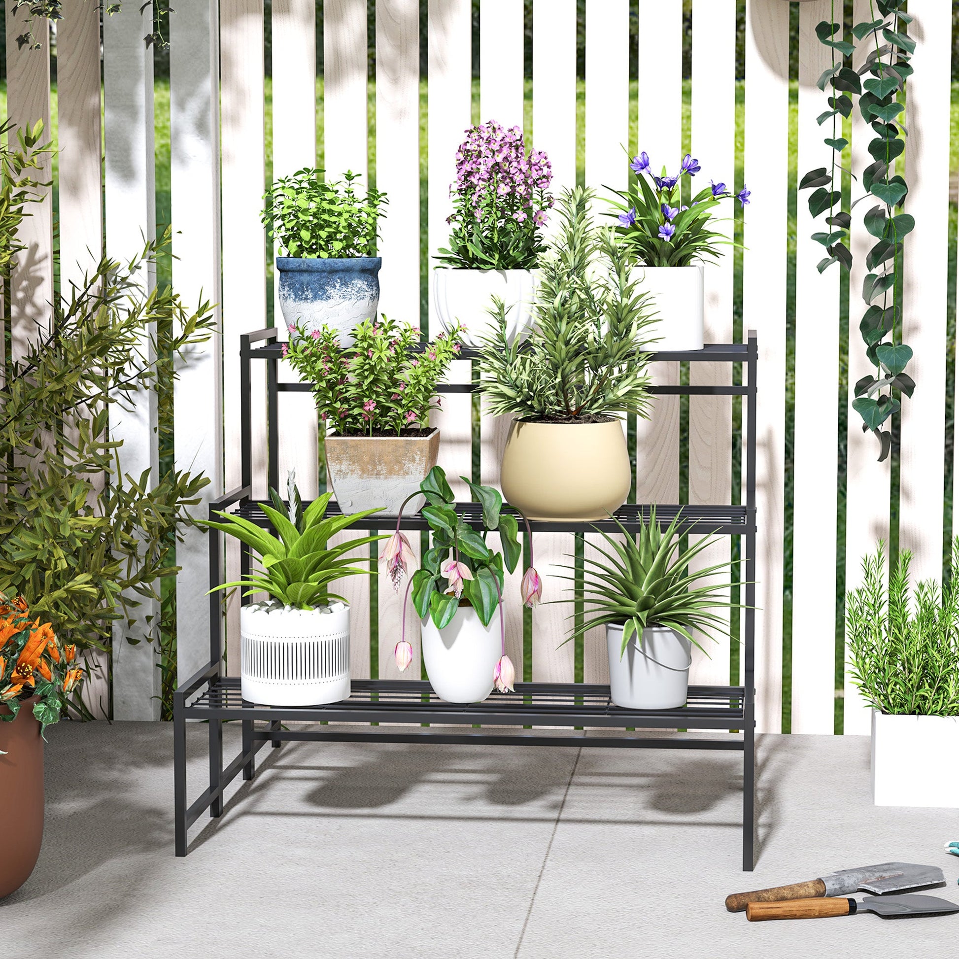 Outsunny 3 - Tier Metal Plant Stand, Modern Ladder Shelf for Garden, Black - plants - express.com