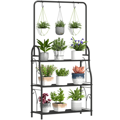 Outsunny 3 Tier Plant Stand w/ Hanging Hooks for Balcony Living Room, Black - plants - express.com