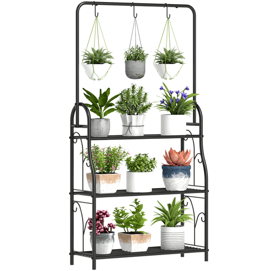 Outsunny 3 Tier Plant Stand w/ Hanging Hooks for Balcony Living Room, Black - plants - express.com
