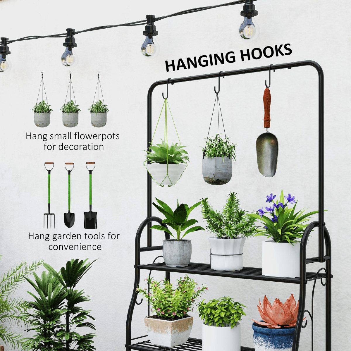 Outsunny 3 Tier Plant Stand w/ Hanging Hooks for Balcony Living Room, Black - plants - express.com