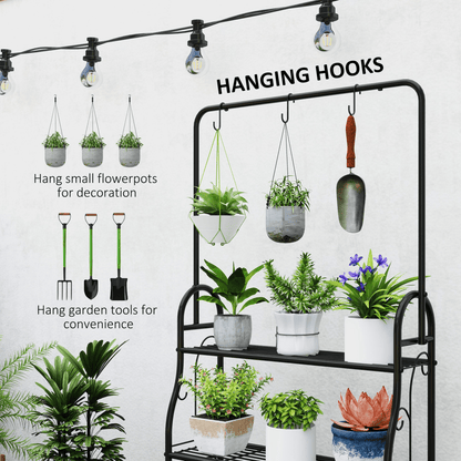 Outsunny 3 Tier Plant Stand w/ Hanging Hooks for Balcony Living Room, Black - plants - express.com