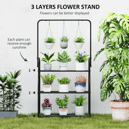 Outsunny 3 Tier Plant Stand w/ Hanging Hooks for Balcony Living Room, Black - plants - express.com