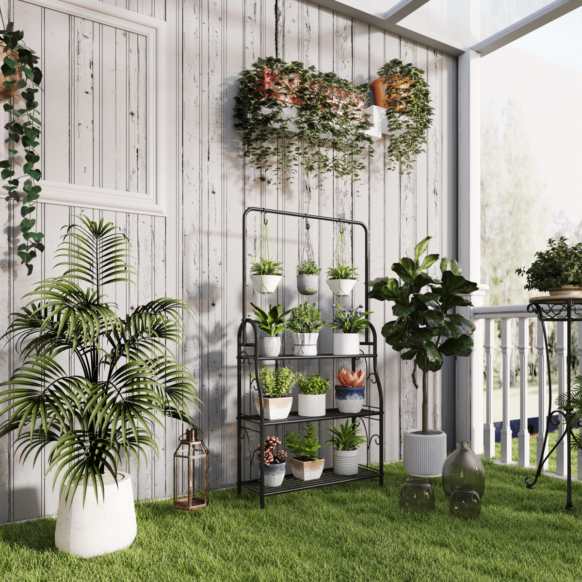 Outsunny 3 Tier Plant Stand w/ Hanging Hooks for Balcony Living Room, Black - plants - express.com