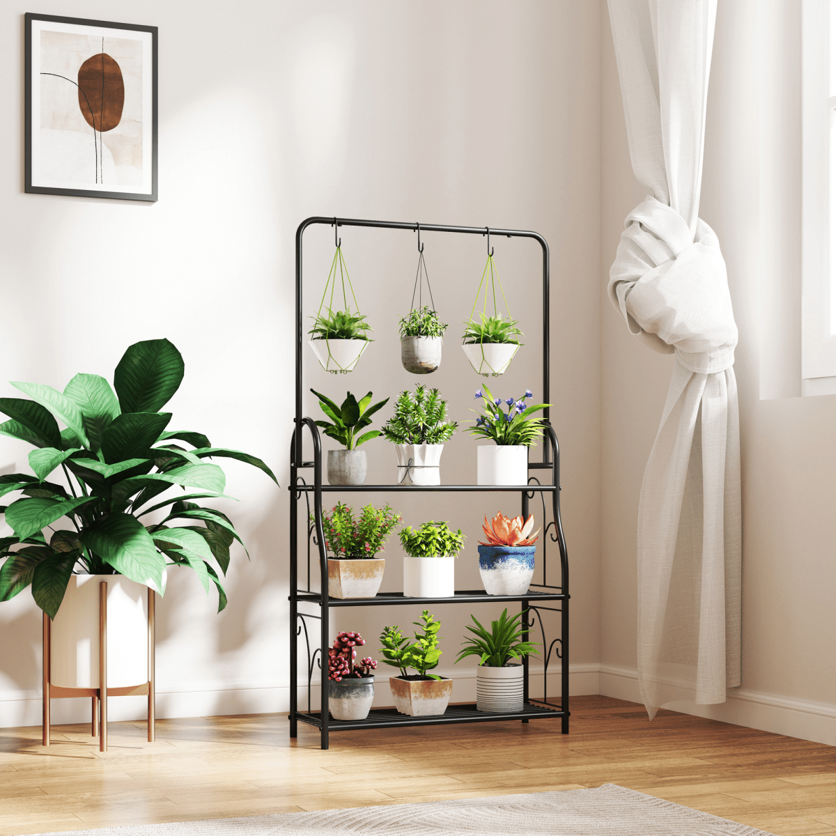 Outsunny 3 Tier Plant Stand w/ Hanging Hooks for Balcony Living Room, Black - plants - express.com
