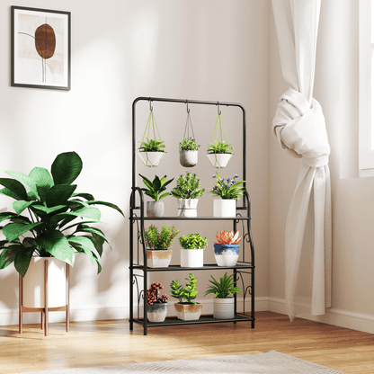 Outsunny 3 Tier Plant Stand w/ Hanging Hooks for Balcony Living Room, Black - plants - express.com