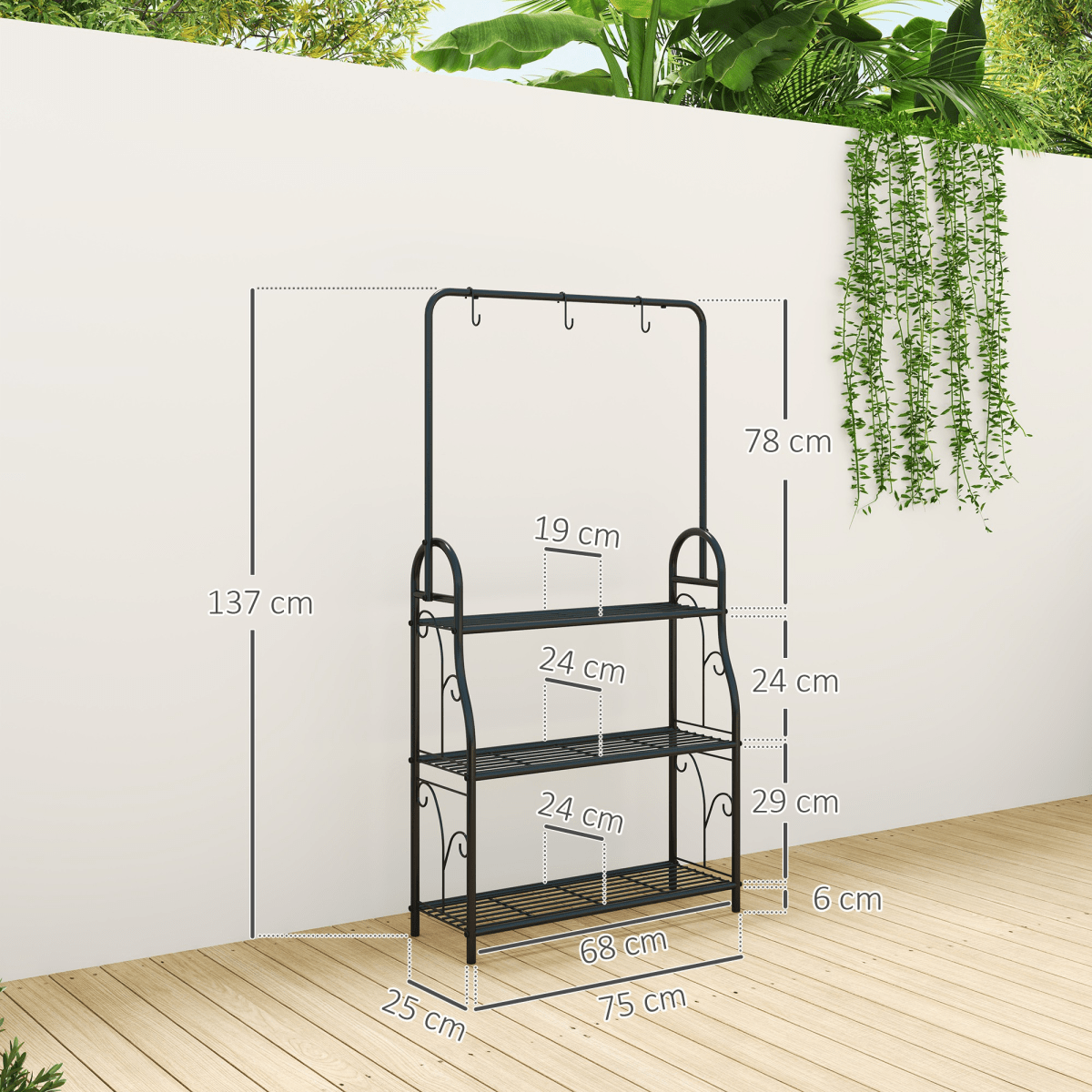 Outsunny 3 Tier Plant Stand w/ Hanging Hooks for Balcony Living Room, Black - plants - express.com