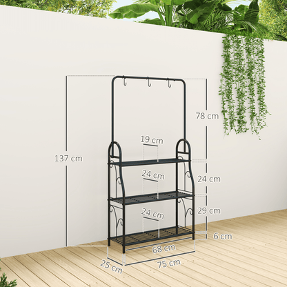 Outsunny 3 Tier Plant Stand w/ Hanging Hooks for Balcony Living Room, Black - plants - express.com