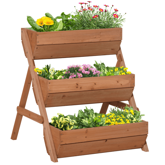 Outsunny 3 Tier Raised Garden Bed Wooden Elevated Planter Box Kit, Brown - plants - express.com