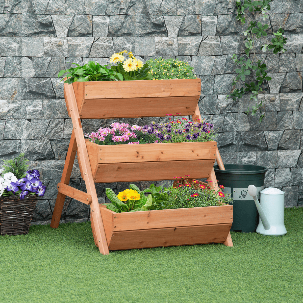 Outsunny 3 Tier Raised Garden Bed Wooden Elevated Planter Box Kit, Brown - plants - express.com