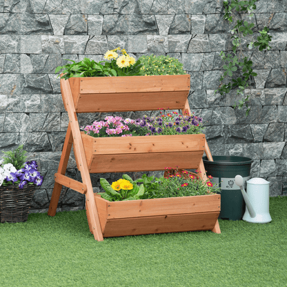 Outsunny 3 Tier Raised Garden Bed Wooden Elevated Planter Box Kit, Brown - plants - express.com