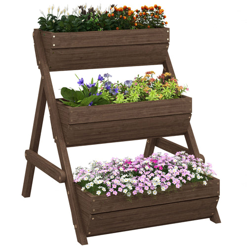 Outsunny 3 Tier Raised Garden Bed Wooden Elevated Planter Box Kit, Tan - plants - express.com