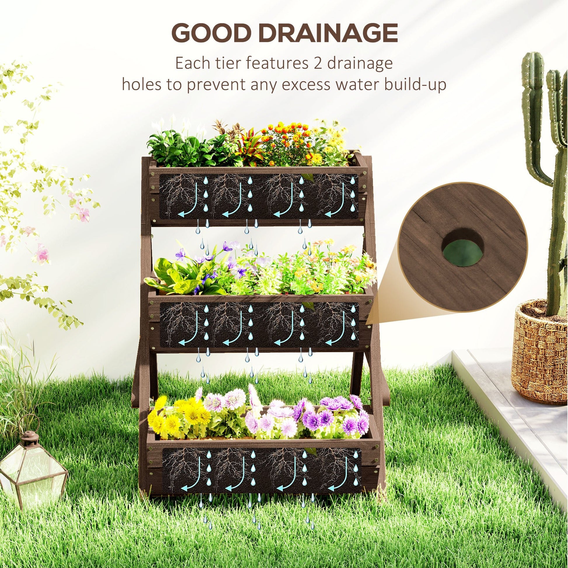 Outsunny 3 Tier Raised Garden Bed Wooden Elevated Planter Box Kit, Tan - plants - express.com