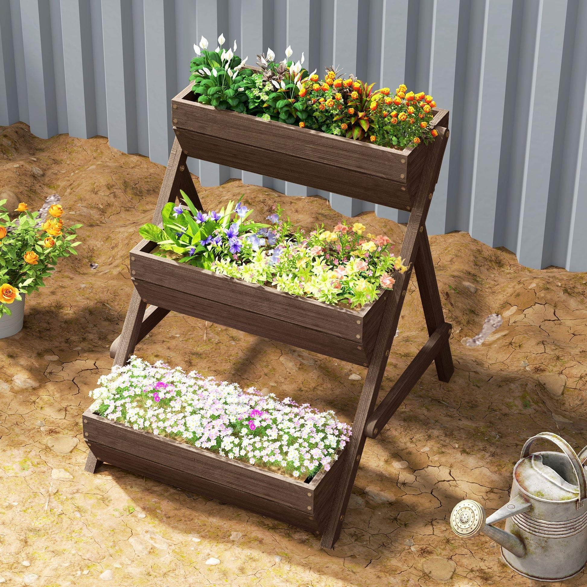 Outsunny 3 Tier Raised Garden Bed Wooden Elevated Planter Box Kit, Tan - plants - express.com