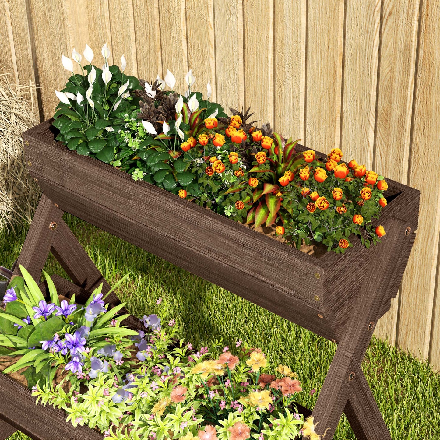 Outsunny 3 Tier Raised Garden Bed Wooden Elevated Planter Box Kit, Tan - plants - express.com