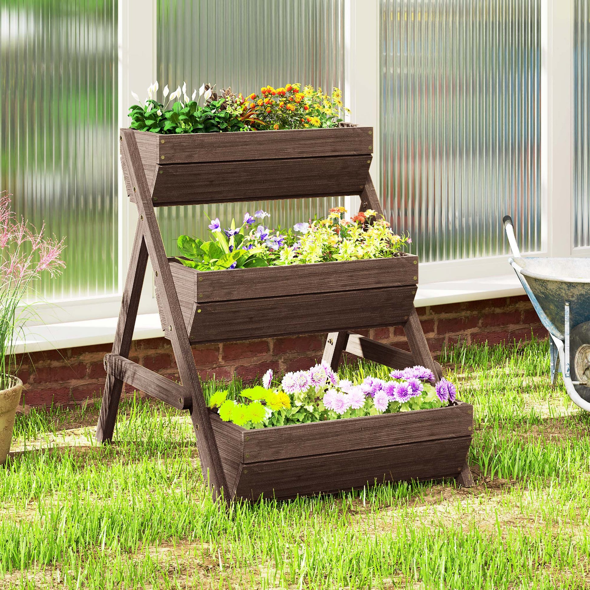 Outsunny 3 Tier Raised Garden Bed Wooden Elevated Planter Box Kit, Tan - plants - express.com