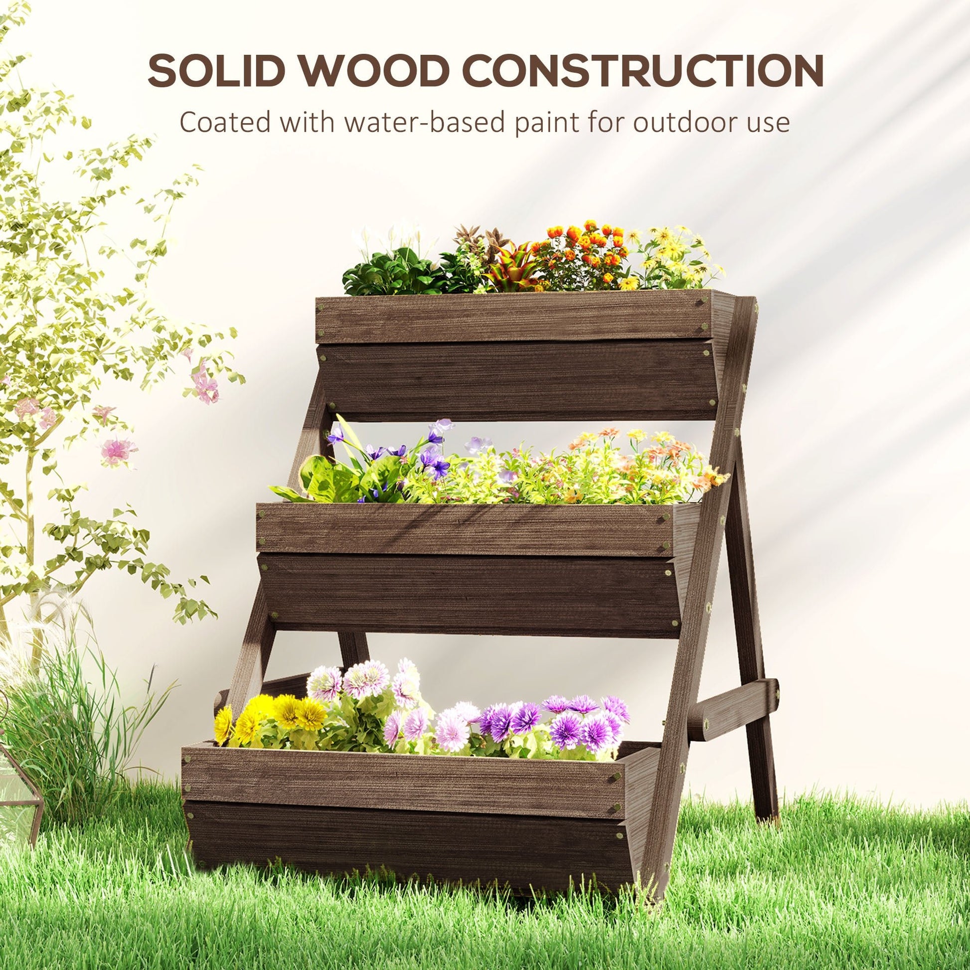 Outsunny 3 Tier Raised Garden Bed Wooden Elevated Planter Box Kit, Tan - plants - express.com