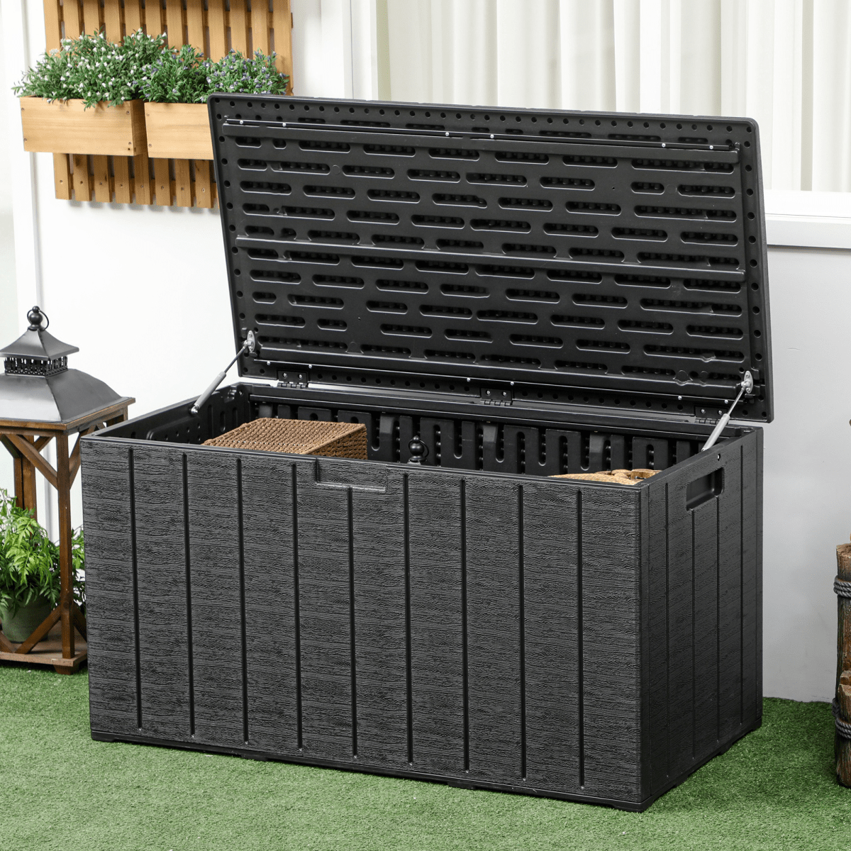 Outsunny 336 Litre Rolling Outdoor Garden Storage Box, Plastic Container, Black - plants - express.com