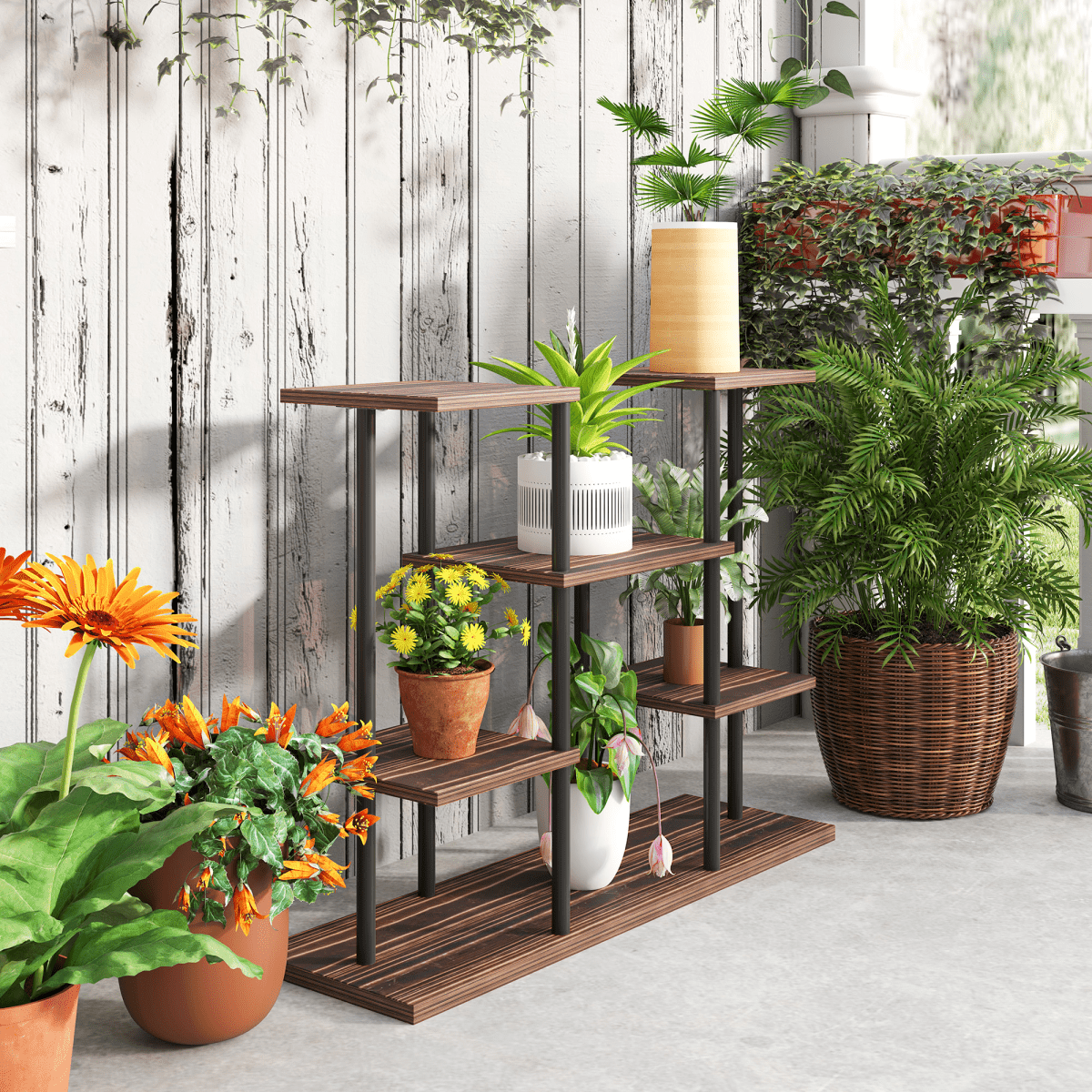 Outsunny 4 Tiered Metal Flower Shelf Display Rack, Carbonised Finish - plants - express.com