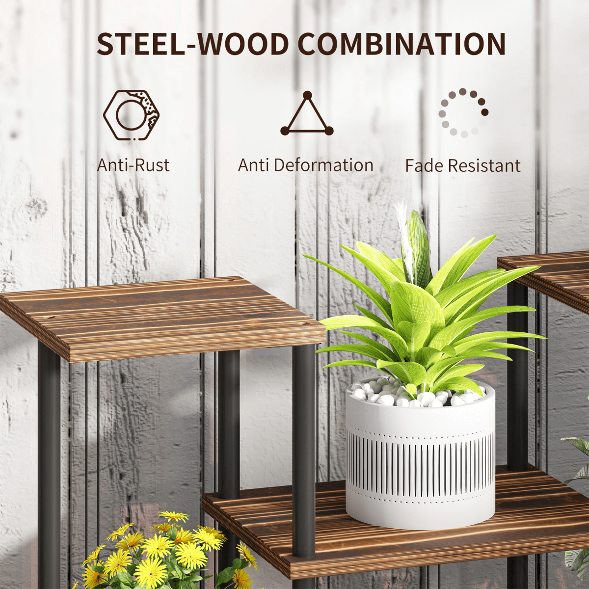 Outsunny 4 Tiered Metal Flower Shelf Display Rack, Carbonised Finish - plants - express.com