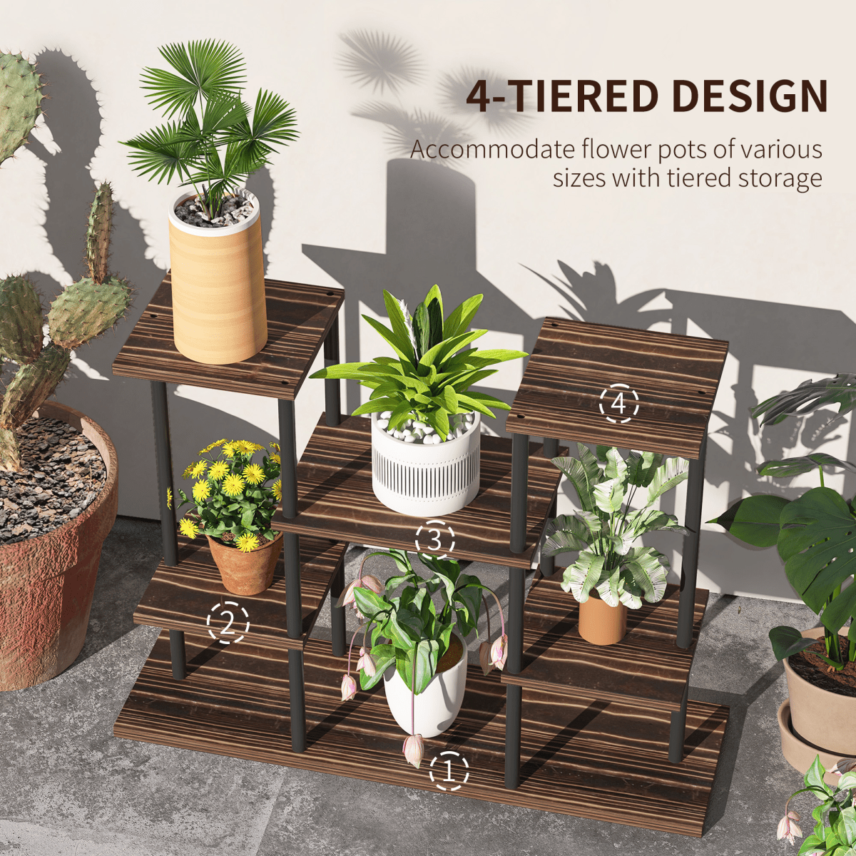 Outsunny 4 Tiered Metal Flower Shelf Display Rack, Carbonised Finish - plants - express.com