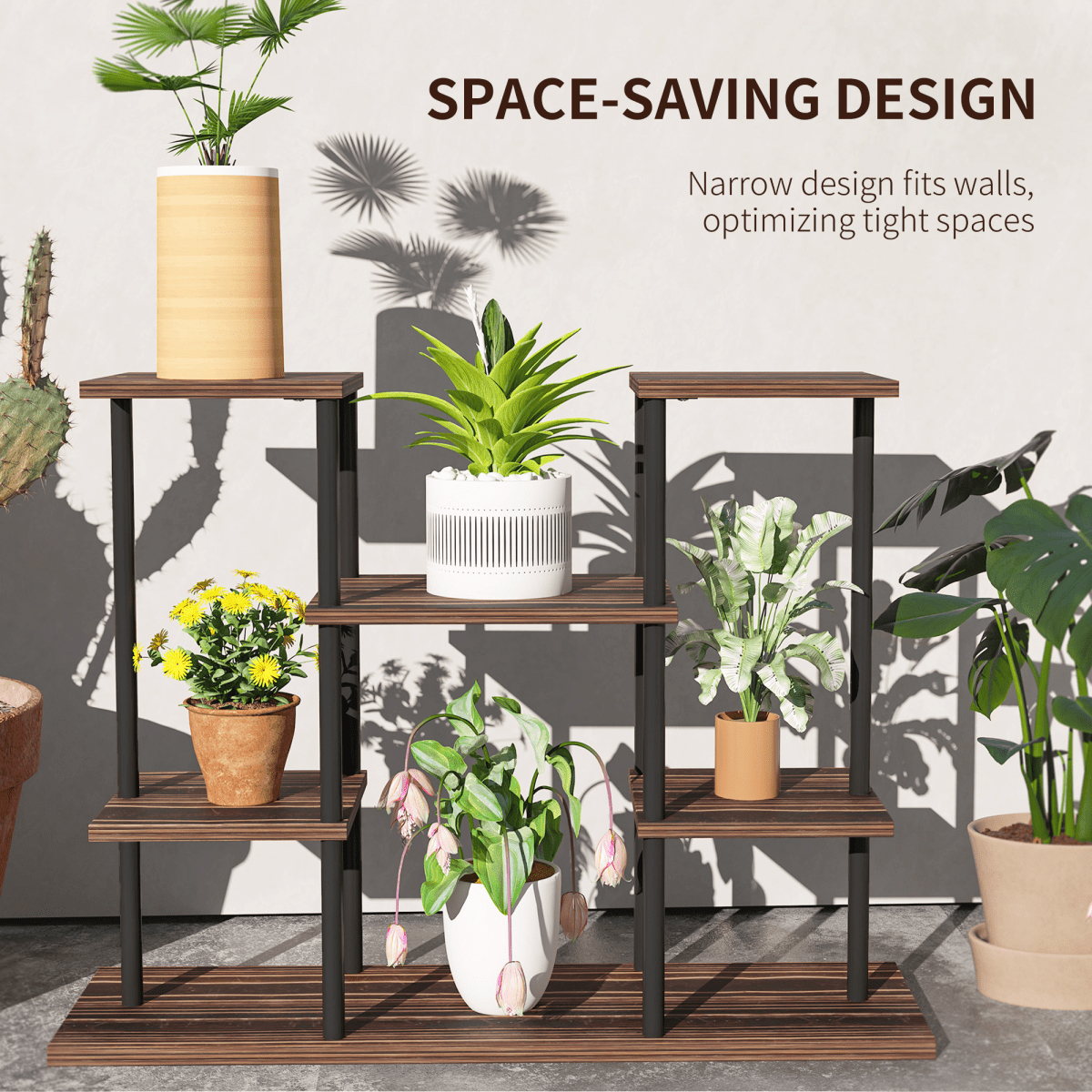 Outsunny 4 Tiered Metal Flower Shelf Display Rack, Carbonised Finish - plants - express.com