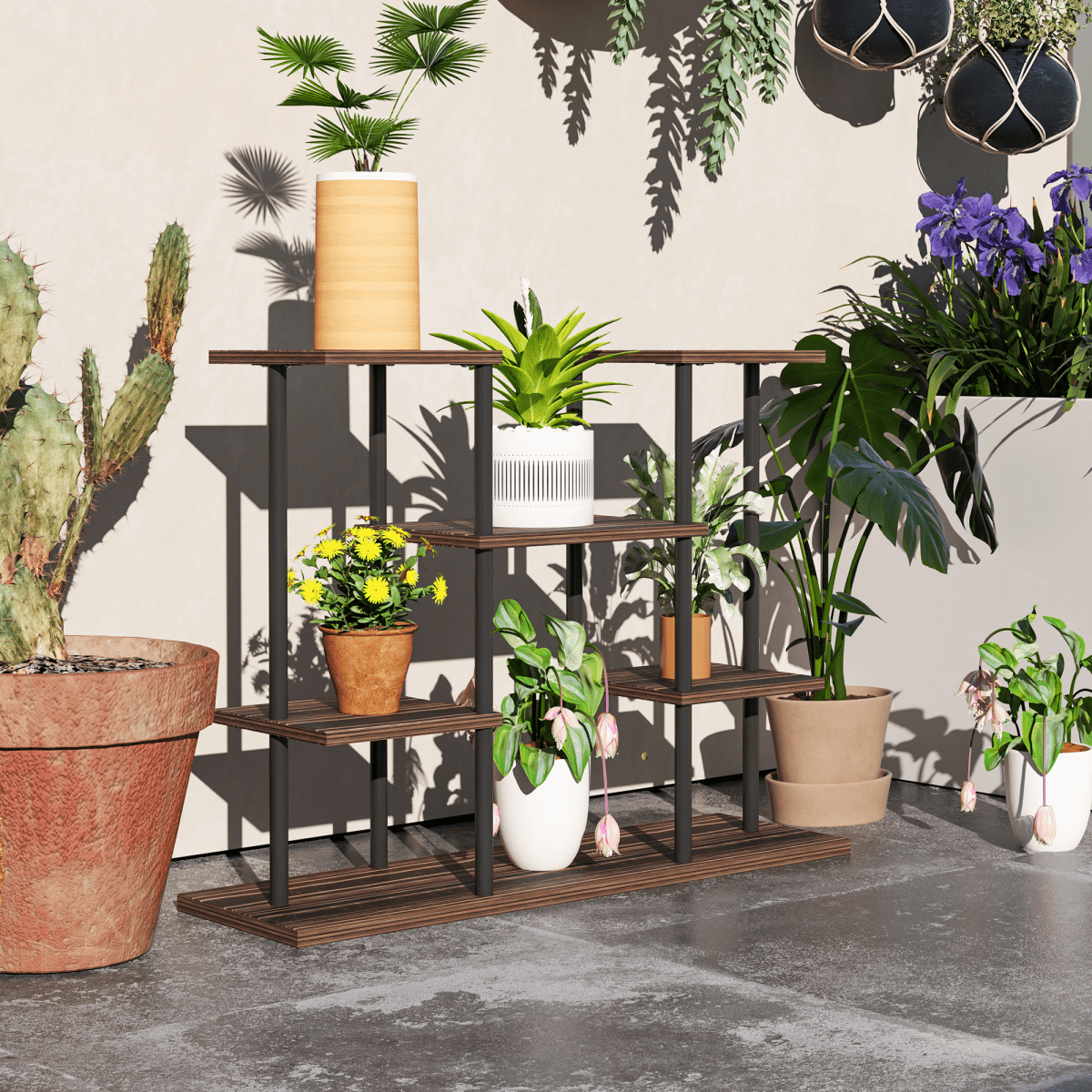 Outsunny 4 Tiered Metal Flower Shelf Display Rack, Carbonised Finish - plants - express.com
