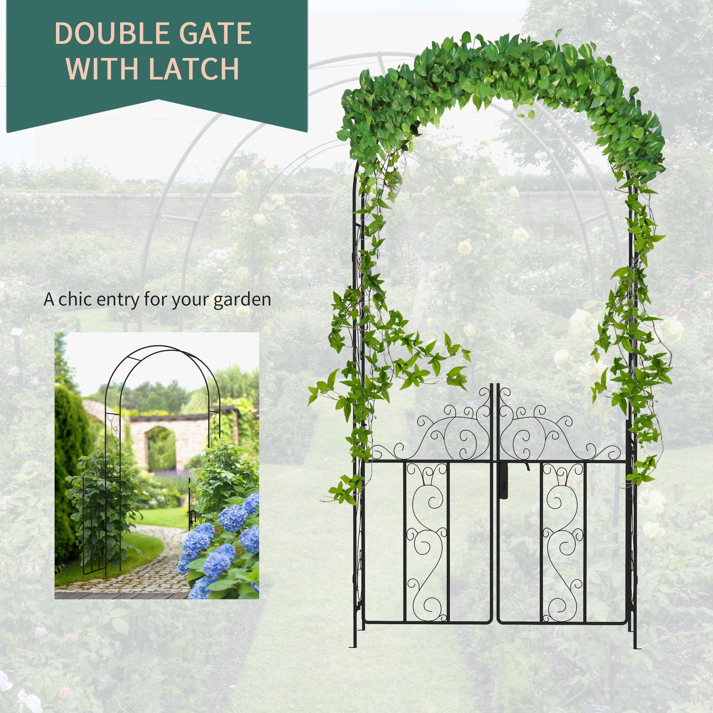 Outsunny Elegant Metal Garden Arch with Double Gate for Climbing Plants - plants - express.com
