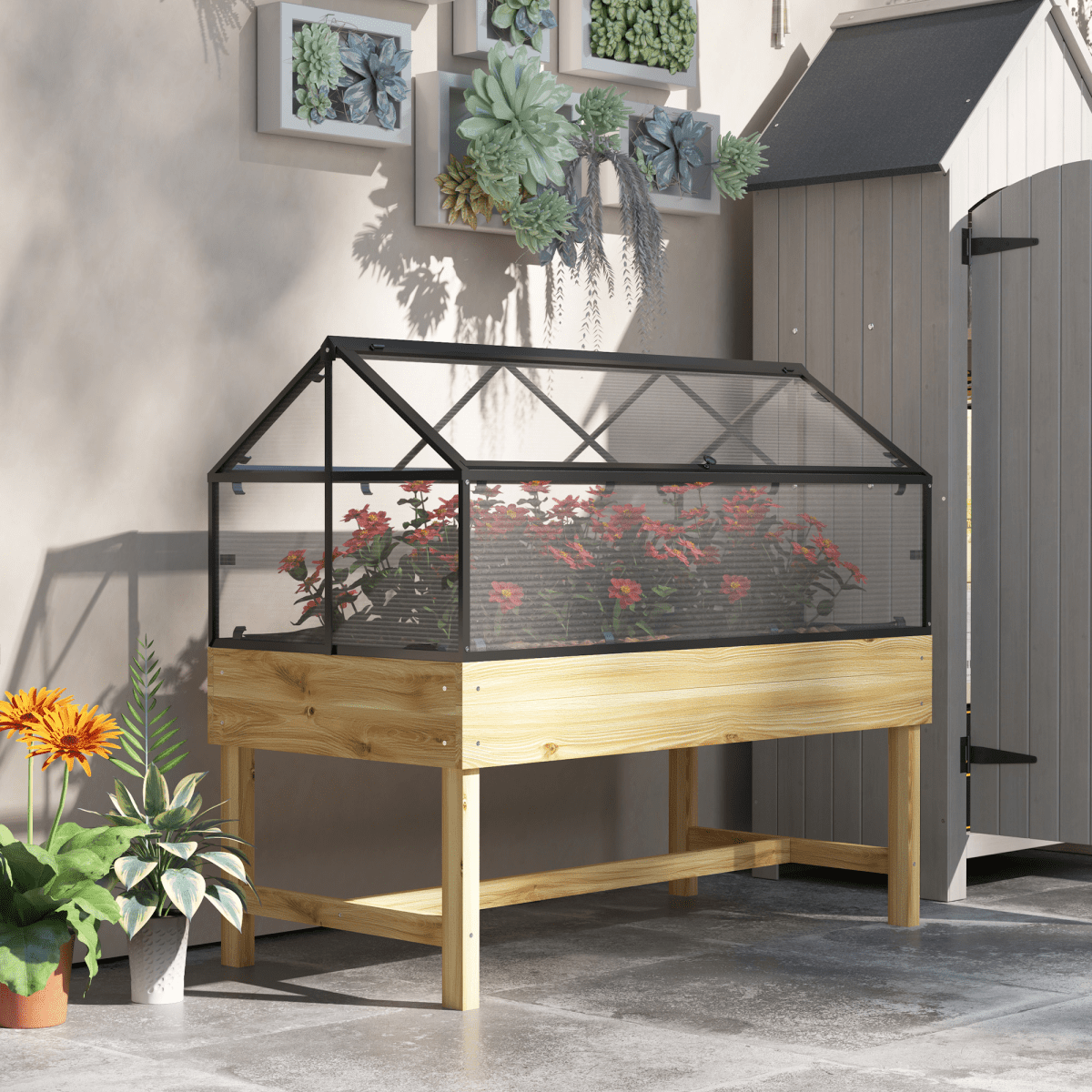 Outsunny Elevated Garden Bed with Polycarbonate Cover & Ventilated Design - plants - express.com