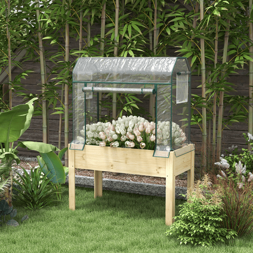 Outsunny Elevated Wooden Planter with Greenhouse Cover & Liner - Grow Taller! - plants - express.com