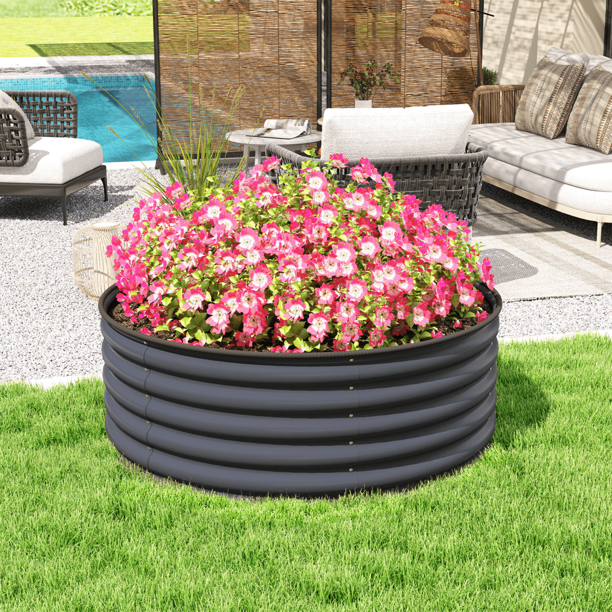 Outsunny Galvanised Planter with Gloves - 120x120x43 cm, Dark Grey - plants - express.com