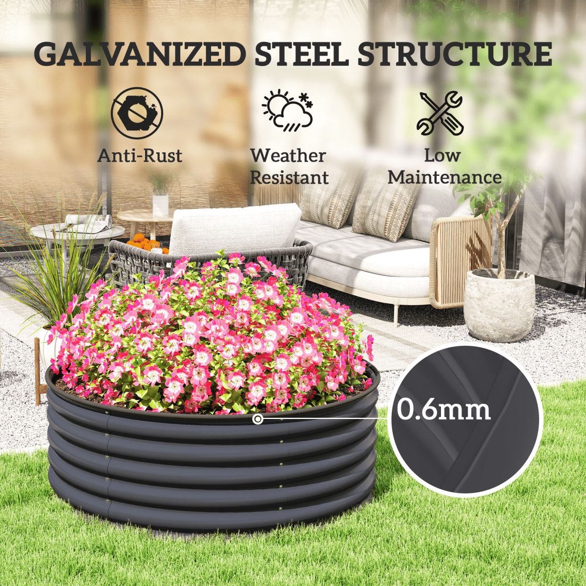 Outsunny Galvanised Planter with Gloves - 120x120x43 cm, Dark Grey - plants - express.com