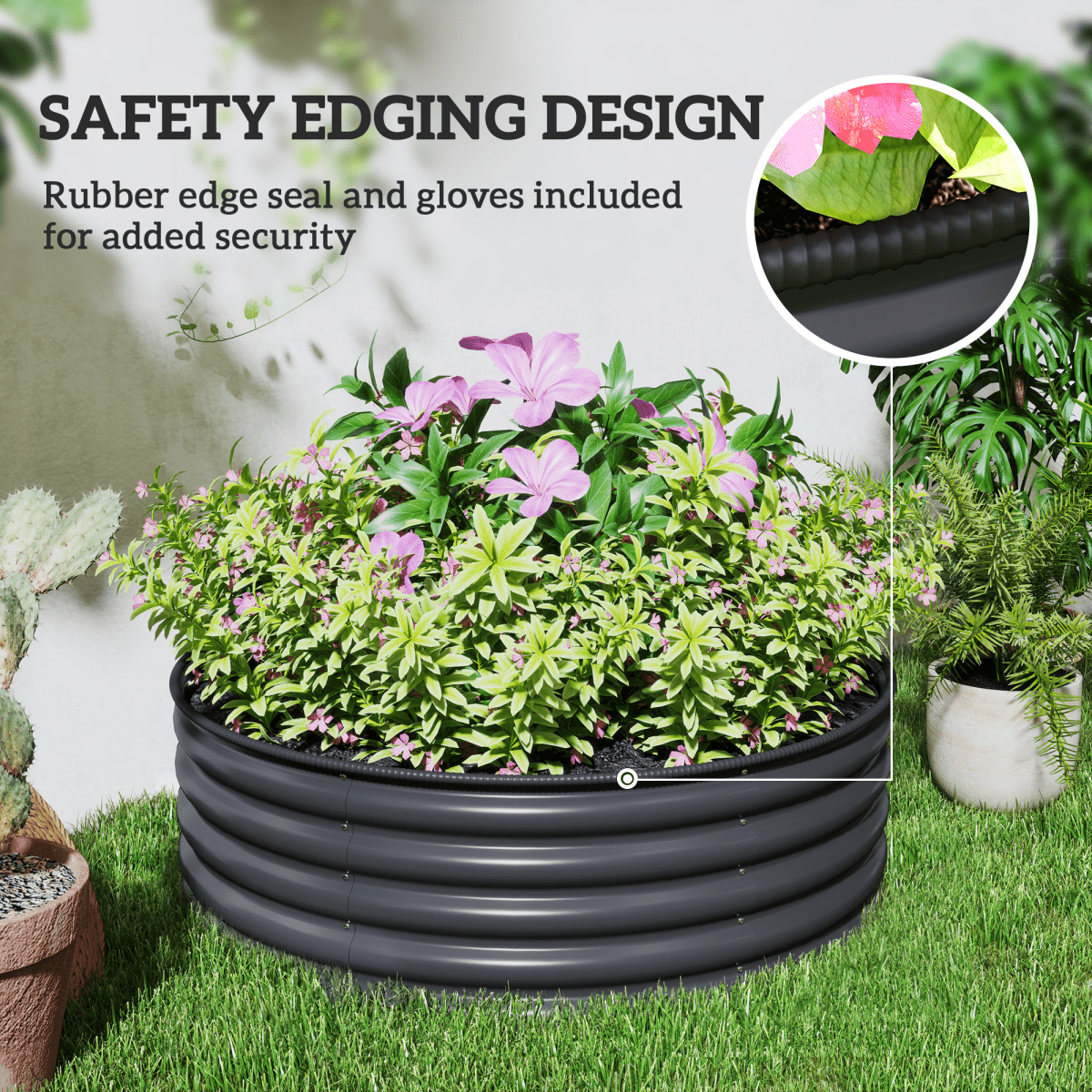 Outsunny Galvanised Planter with Gloves - 120x120x43 cm, Dark Grey - plants - express.com