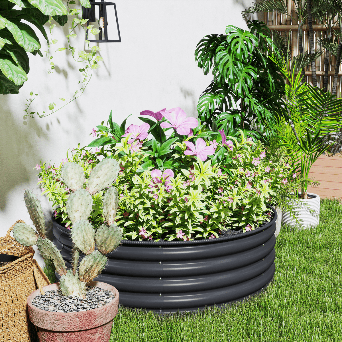 Outsunny Galvanised Planter with Gloves - 120x120x43 cm, Dark Grey - plants - express.com
