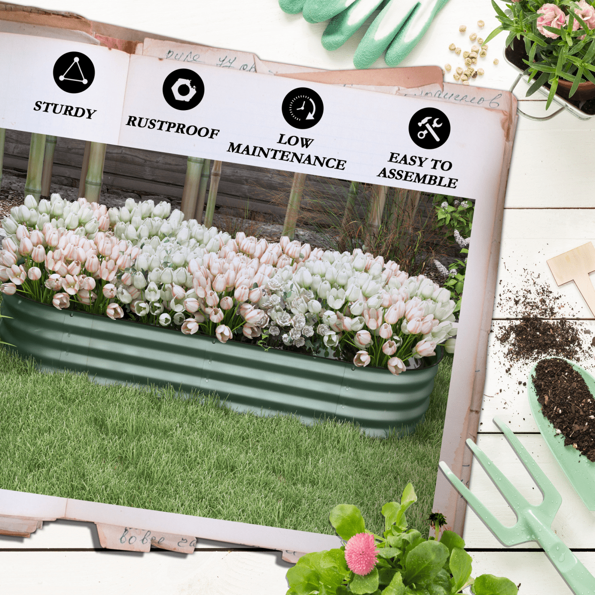 Outsunny Galvanised Raised Garden Bed Planter Box with Safety Edging, Green - plants - express.com
