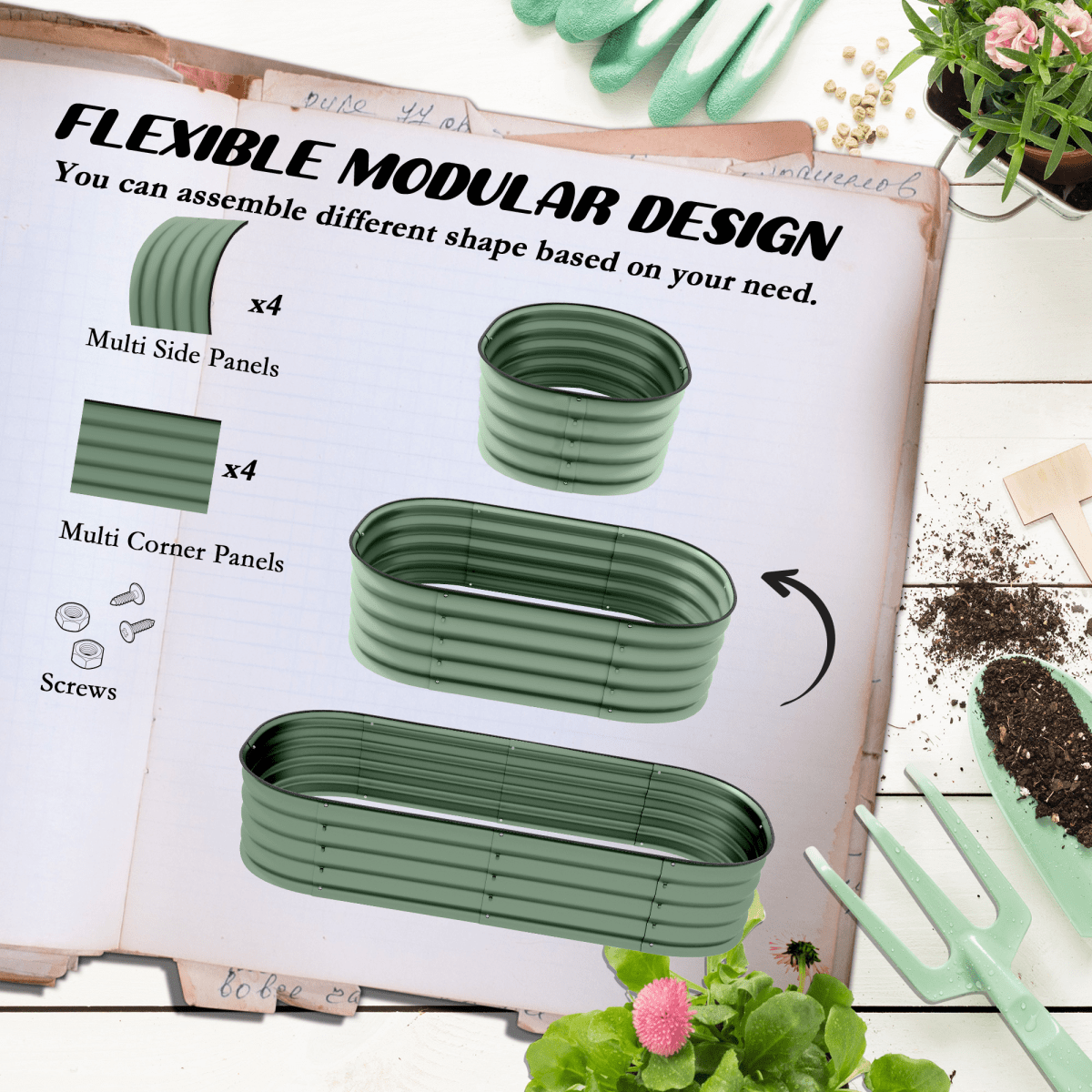 Outsunny Galvanised Raised Garden Bed Planter Box with Safety Edging, Green - plants - express.com